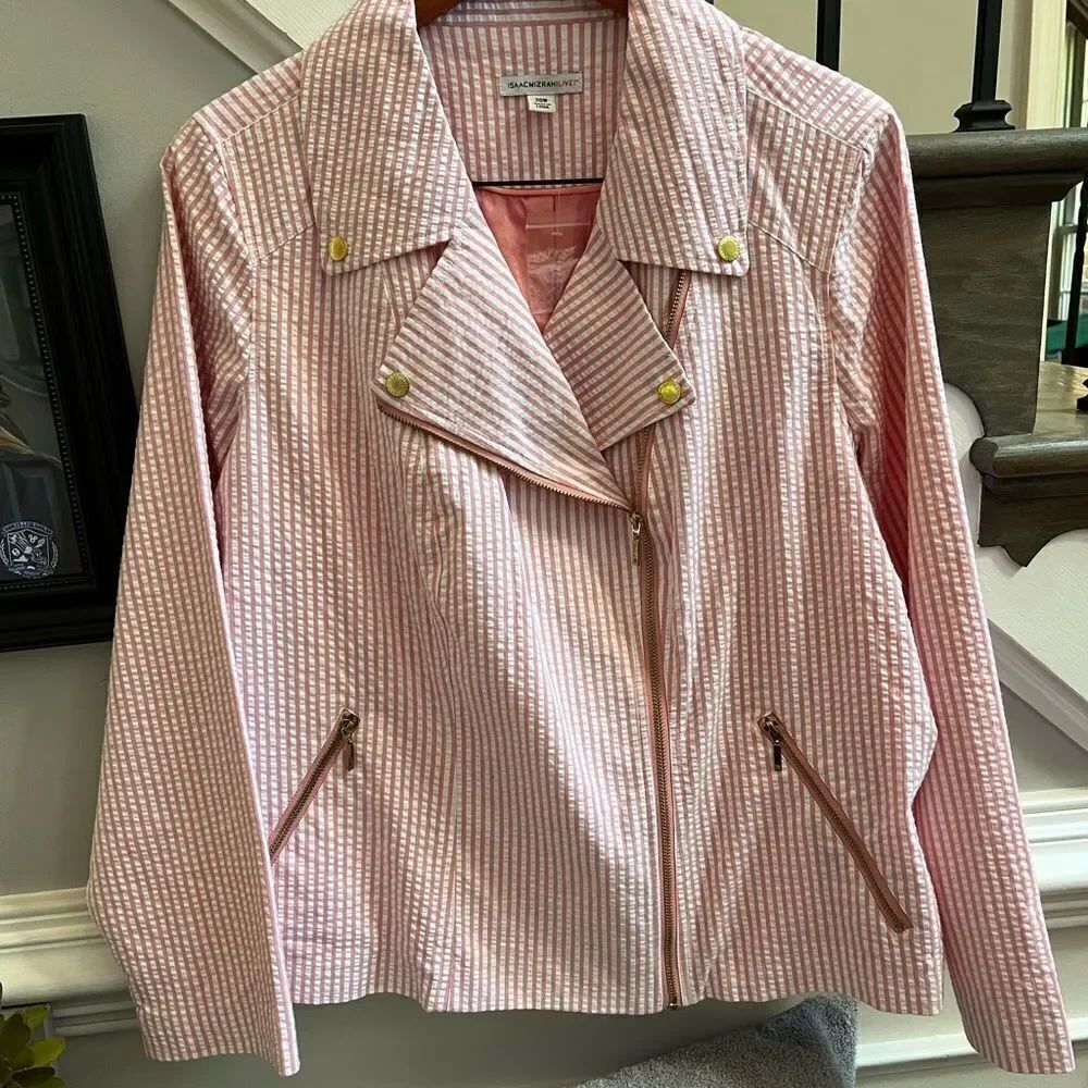 Isaac Mizrahi Live! Pink Seersucker Moto Jacket sz 20W NWT